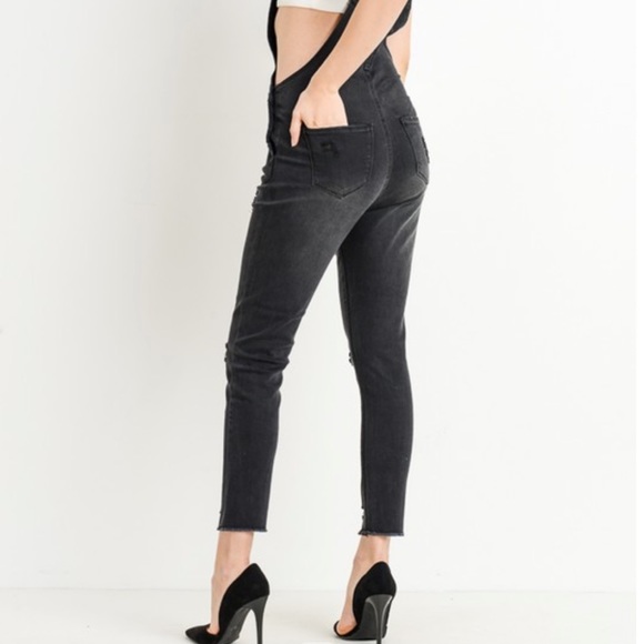 🆕DARK GREY-BLACK Stretchy Ripped Knee Distressed Zip Front Denim Overalls NWT - Picture 10 of 11